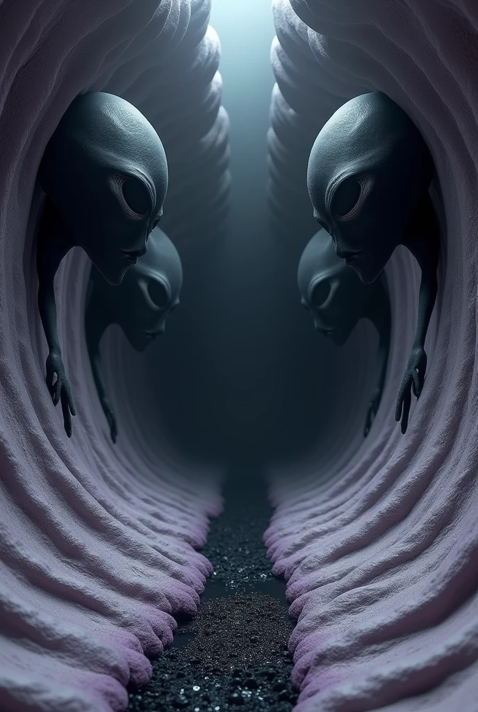 Photorealistic DMT psychedelic hallucination experience in dark tunnel made of thin modular layers, going in modular cone shape to a dark mist in the center of void made of dark mist, the layer have a ondulated edges, all the layers have light purple tones in the edge of the layers, and in the interior of layers dark gray tones, the layers have a little scales texture, out from the tunnel 3 big shadows of alien heads with black skin, the 3 entities seems are made of shadkwow substance, the 3 alien entities have big almond shaped eyes, their eyes have a white outline with strange design, their eyes are black inside, only can see the top half of the alien heads, the entities are looking to the center of the void, the dark mist in the center of the void are absorbing a black plastic like slime coming from my heart, all the atmosphere is envolved in light dreamy mist