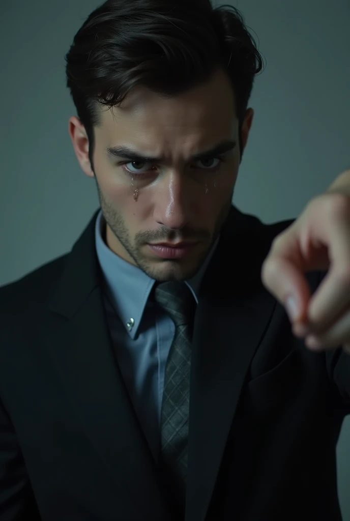 A guy in black and gray formal clothes. He is looking at the screen and pointing, has a blank expression, dark circles, a serious look and tears run down his face