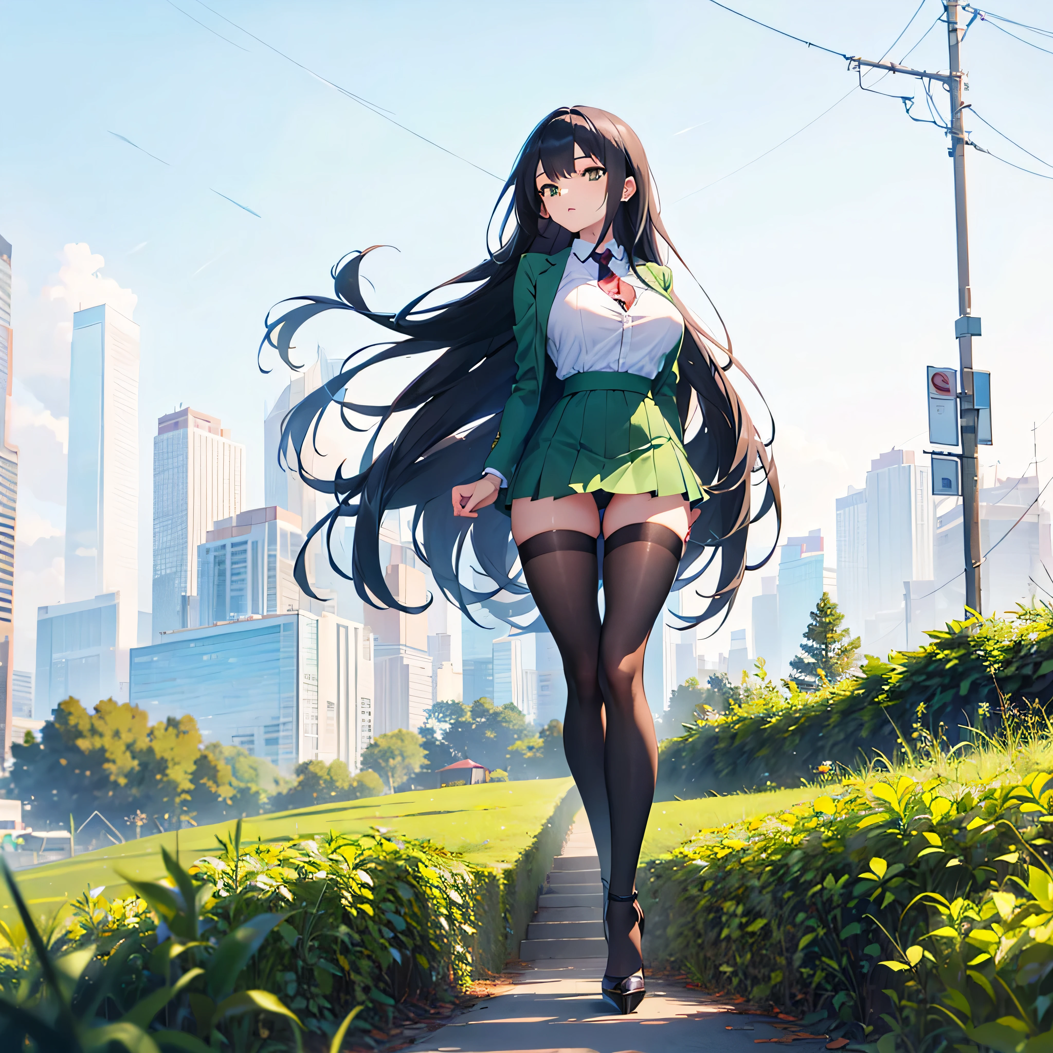 (solo), 1 skinny girl standing, short torso, skinny long legs, bursting huge breasts, inconceivably narrow waist, swaying back, arms behind back, BREAK, green blazer, green high-waist skirt, thigh gap, black thighhighs, stiletto heels
