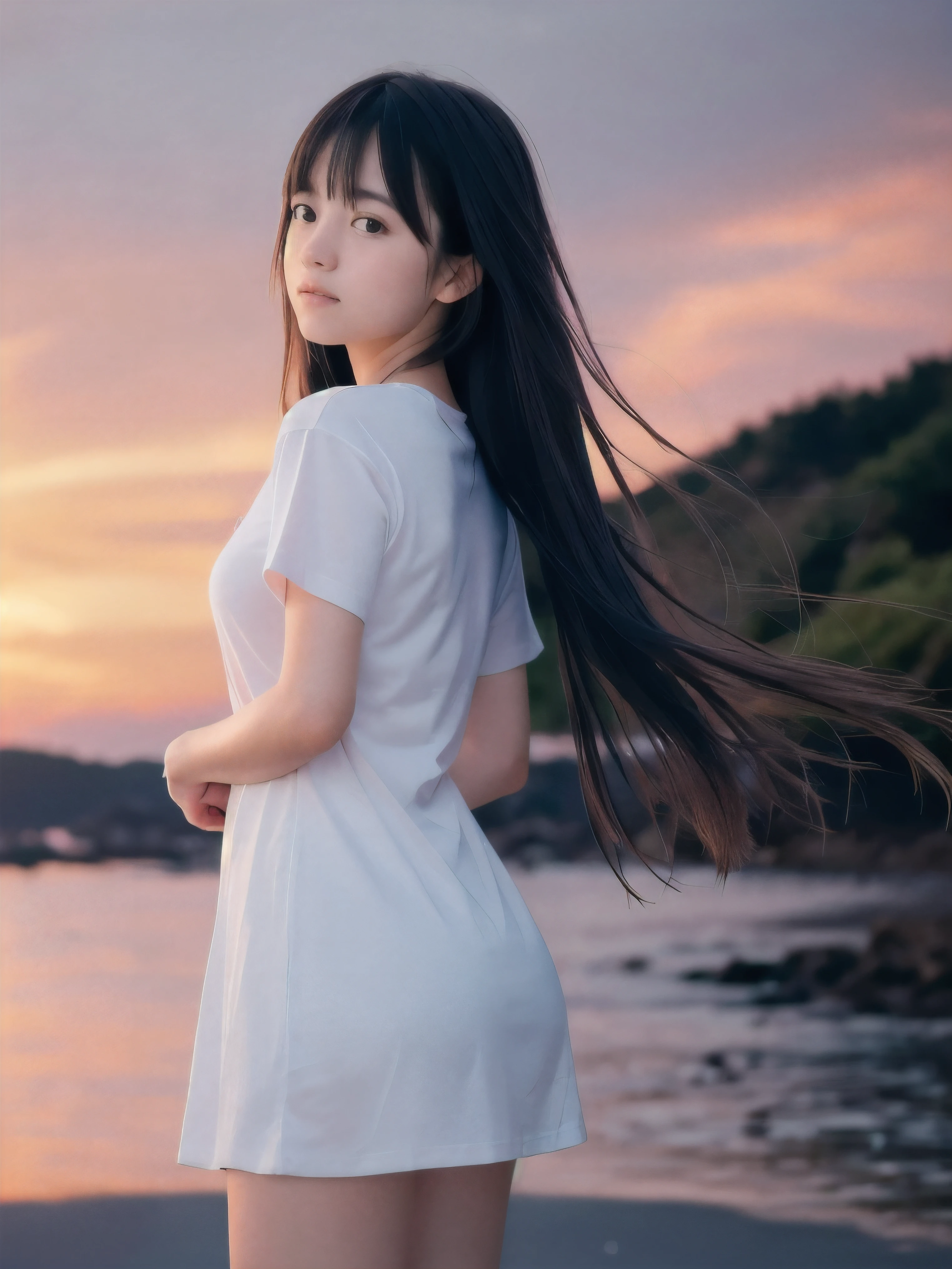 (Close up face shot of slender small-breasted two side up black medium hair with bangs girl wearing a white T-shirt only:1.5)、(One girl is looking back crying face with tears on the coast in Japan:1.5)、(Beautiful after sunset red sky with red big cloud:1.5)、(blurred background:1.5)、(Natural light:1.5)、(8k ultra detailed master piece:1.5)、(perfect anatomy:1.5)、(Photorealistic stick:1.5)、(Raw photo:1.3)、(highest quality:1.5)、(High resolution:1.3)、(Delicate and beautiful perfect face:1.3)、(Delicate and beautiful eye air skin:1.3)、(Real Human Skin:1.3)、((thin legs))