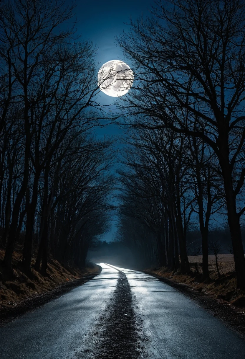 dark road,fullmoon,rays illuminating,Dry trees
