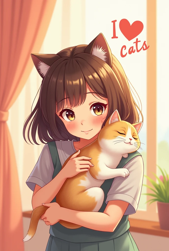 Poster of a woman hugging a cat, anime style, The background says, "I love cats",
