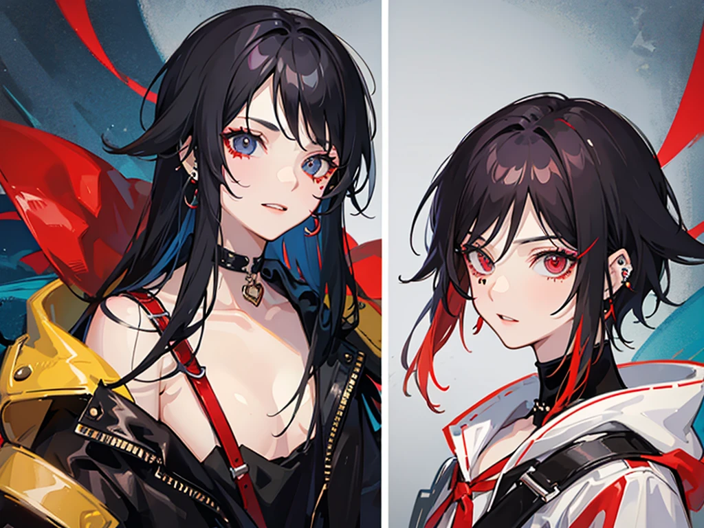 1 boy, anime, futuristic setting, black hair, red streaks in hair, androgynous, shark teeth, eye patch, cropped jacket, earrings, smirk, happy, red eye, streetwear, punk aesthetic, piercings, graffiti, vibrant