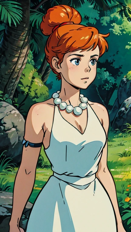 (a girl as VilmaFlintStone), (extremely detailed CG unit 8k wallpaper),(master part), (best quality), (ultra detail), (best illustration),(ghibli style), cowboy shot,(Sharp eyeliner, ombre, detailed eyes:1), Prehistoric valley, outdoors, GHIBLI_Background,break,upper body, white dress, hair bun, orange hair, pearl necklace, jewelry