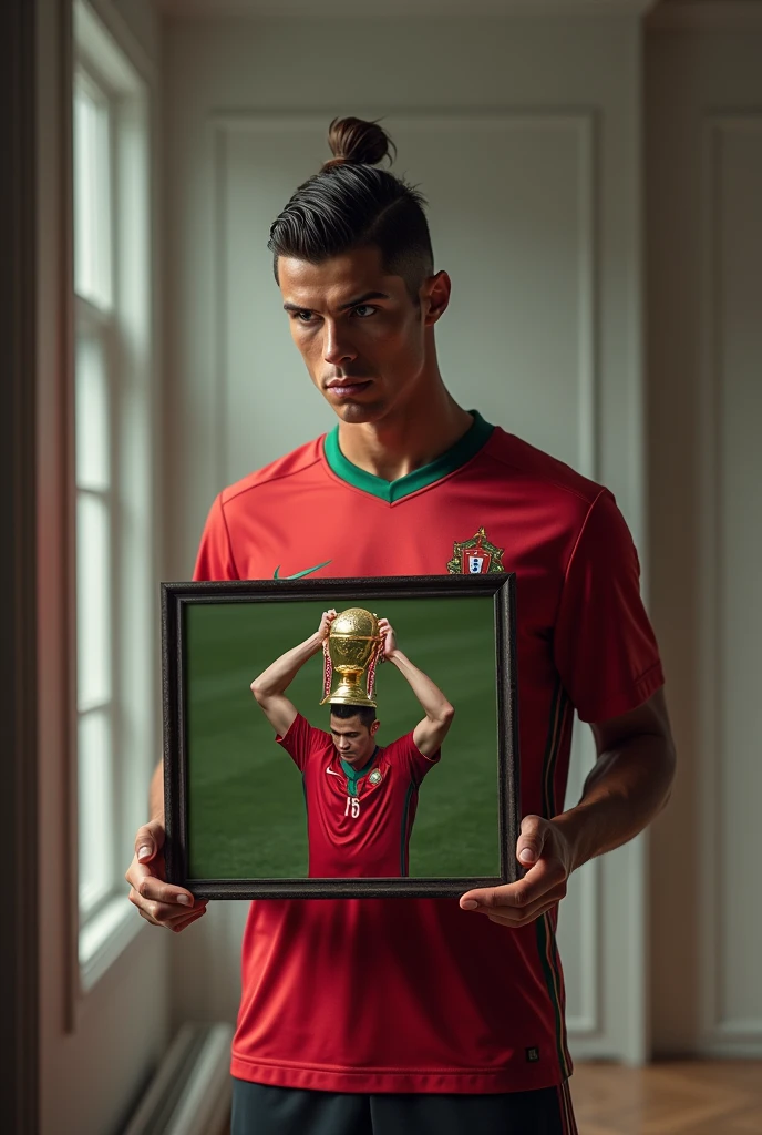 Cr7 watching a picture of him with the World Cup on his back...the face that looks more like him please
