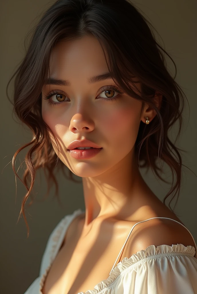 20 year old woman with medium tanned white skin, light brown eyes, short shoulder length brown hair, small nose and voluptuous chest and rear