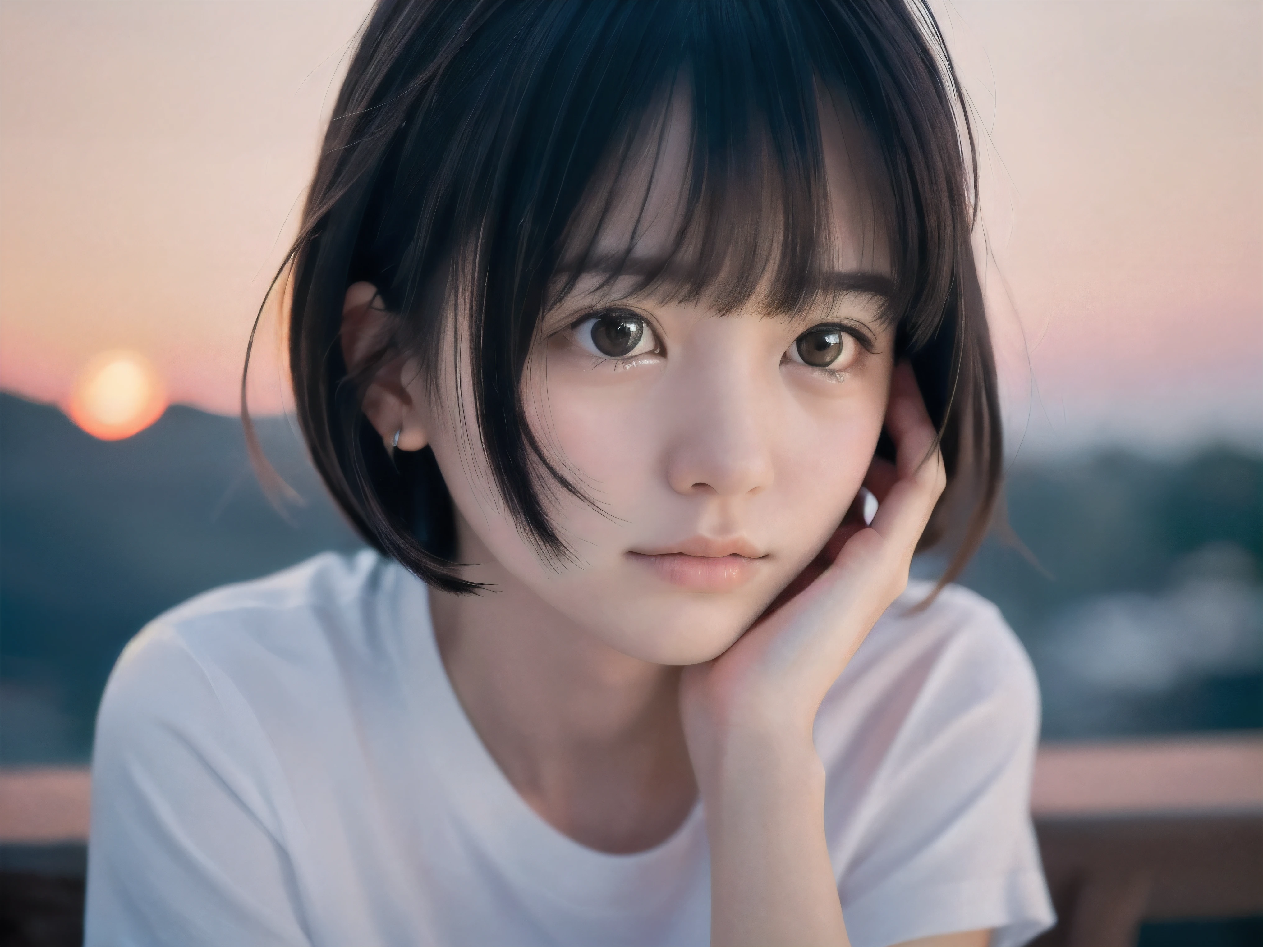 (Close up face shot of slender small-breasted two side up black medium hair with bangs girl wearing a white T-shirt only:1.5)、(One girl is looking back crying face with tears on the coast in Japan:1.5)、(Beautiful after sunset red sky with red big cloud:1.5)、(blurred background:1.5)、(Natural light:1.5)、(8k ultra detailed master piece:1.5)、(perfect anatomy:1.5)、(Photorealistic stick:1.5)、(Raw photo:1.3)、(highest quality:1.5)、(High resolution:1.3)、(Delicate and beautiful perfect face:1.3)、(Delicate and beautiful eye air skin:1.3)、(Real Human Skin:1.3)、((thin legs))