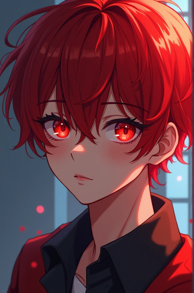 Anime boy with short red hair, young man with red eyes