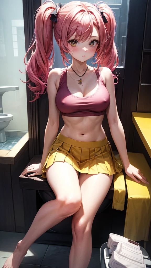 (masterpiece, highest quality, ultra high res, ultra detailed:1.3), 1 cute girl, pink medium hair, half twin-tail, red tank top, clothes covered nipples, bare stomach, black pleated mini skirt, (sitting on toilet seat, holding yellow water in a glass:1,4), opened toilet lid, downed toilet seat, looking at viewer, holding out the glass in her hand to the viewer, white panties around one leg,