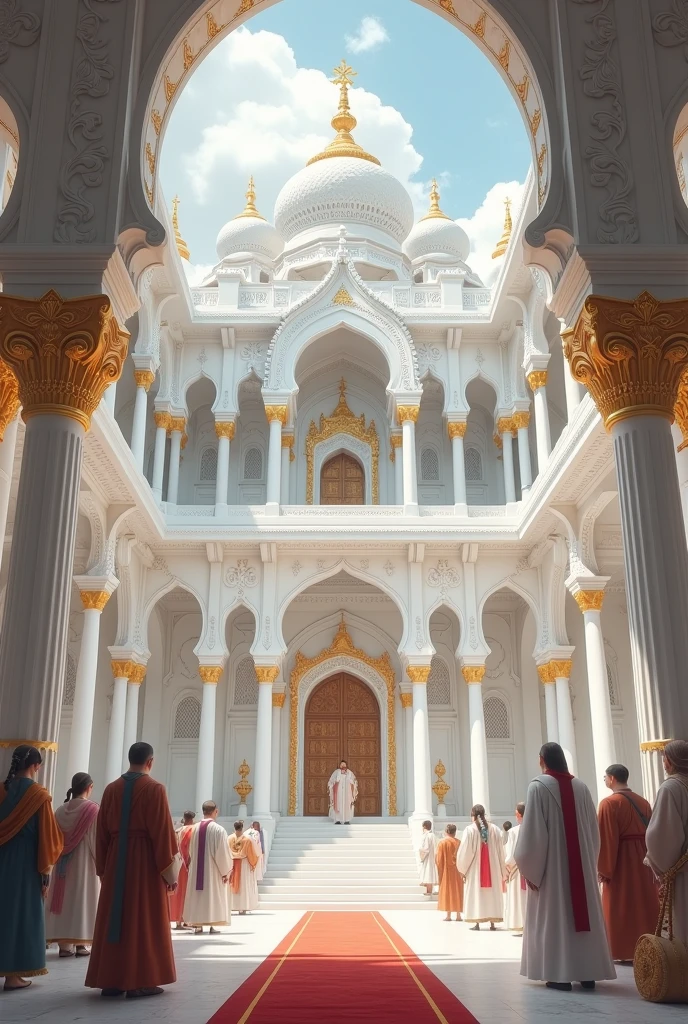 Inside the majestic, two-storey white temple