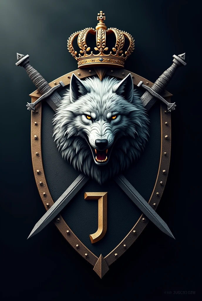 I want to create a shield, with the wolf of House Stark from Game of Thrones , the letter J of the Juventus football team, two swords crossing , and a crown above the shield