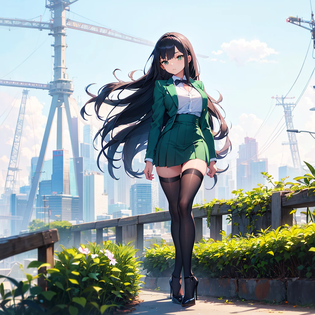 (solo), 1 skinny girl standing, short torso, skinny long legs, bursting huge breasts, inconceivably narrow waist, swaying back, arms behind back, BREAK, green blazer, green high-waist skirt, thigh gap, black thighhighs, stiletto heels