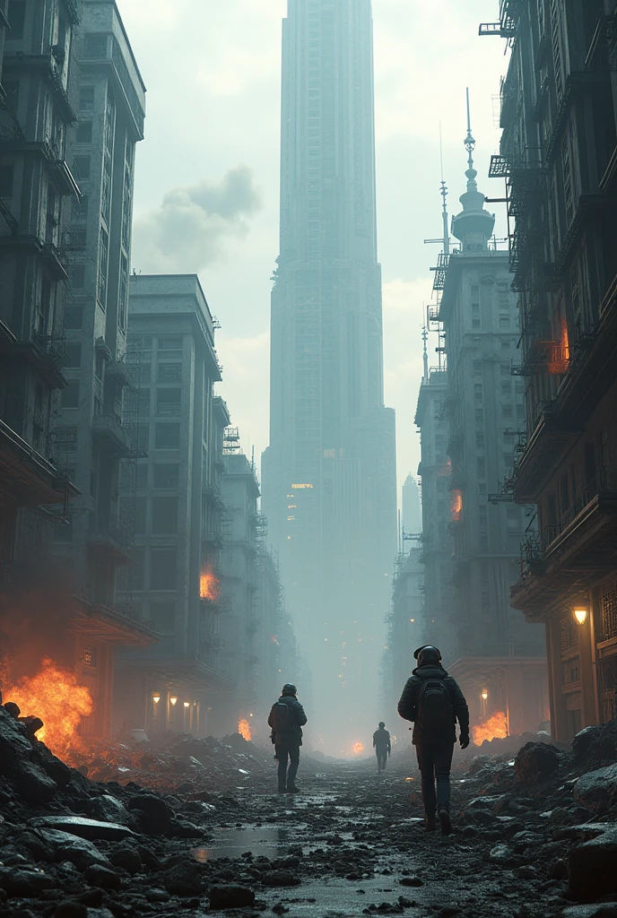 Create a futuristic city at war and destroyed