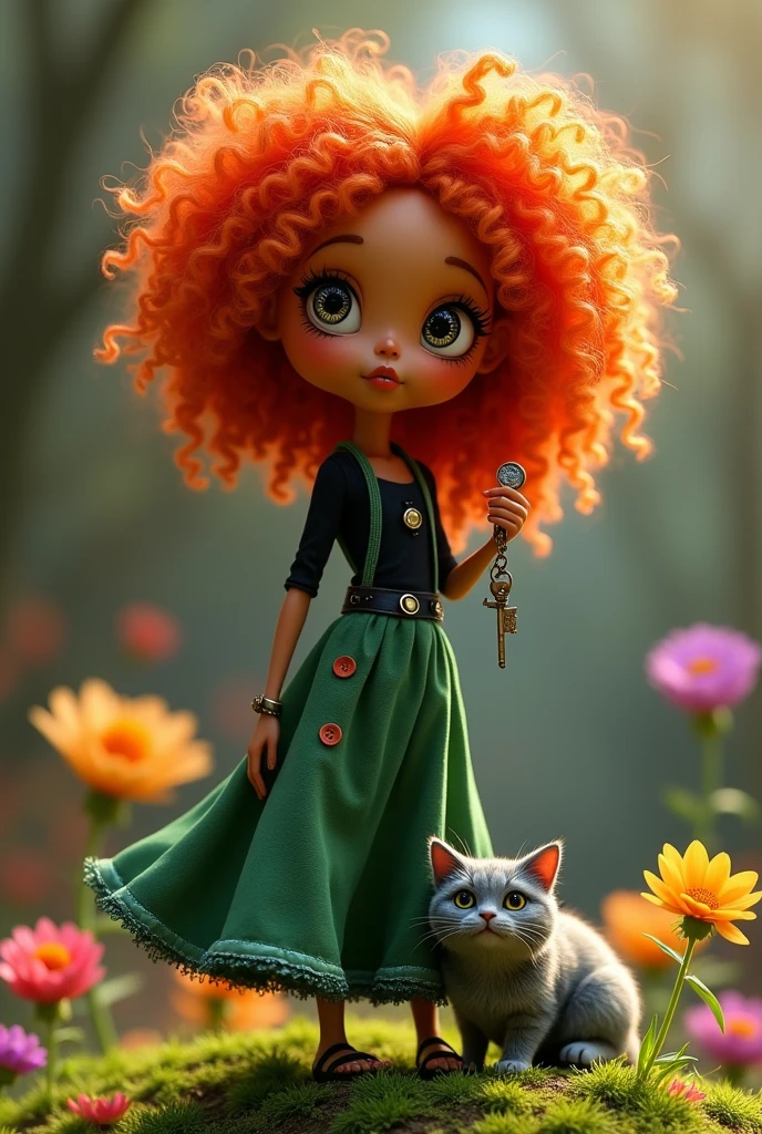 Create a Coraline doll with brown skin with curly red hair, button eyes, a black top and long green skirt. Capture her adventurous spirit in a whimsical pose, holding a tiny key in one hand, standing on a patch of grass with colorful flowers and a gray fat cat
