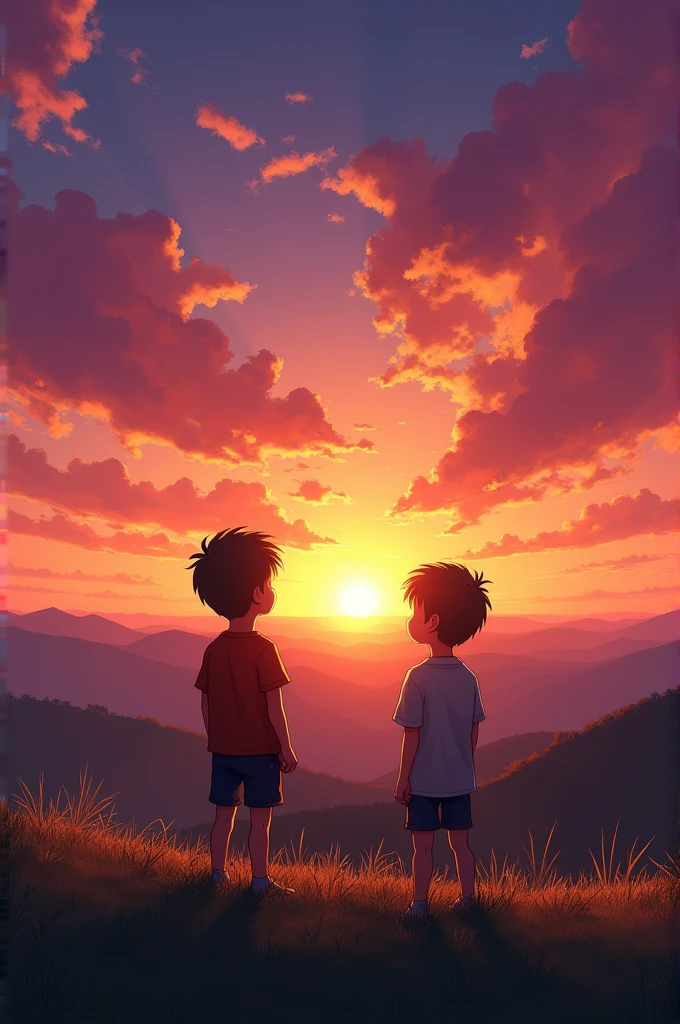 Create an image of two boys watching a sunset from behind