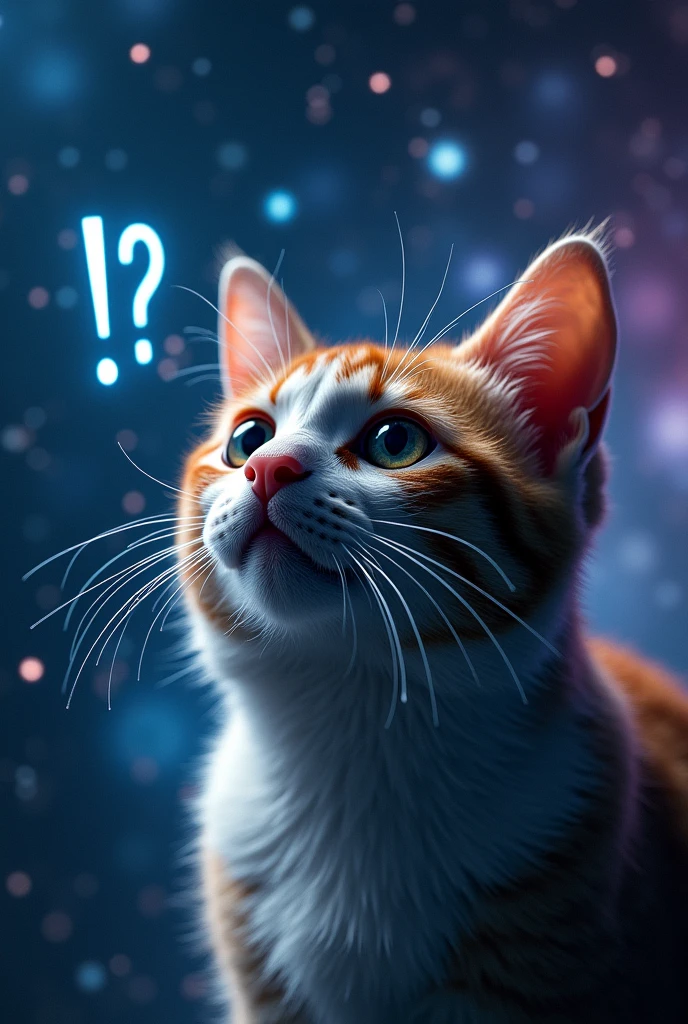 Close-up of a cat face, outer space in the background (stars and galaxies shining beautifully), space cat, large "!?" on the screen is written in large letters on the screen,