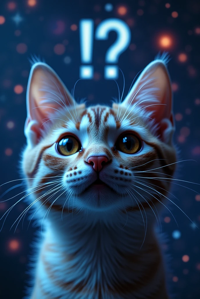 Close-up of a cat face, outer space in the background (stars and galaxies shining beautifully), space cat, large "!?" on the screen is written in large letters on the screen,