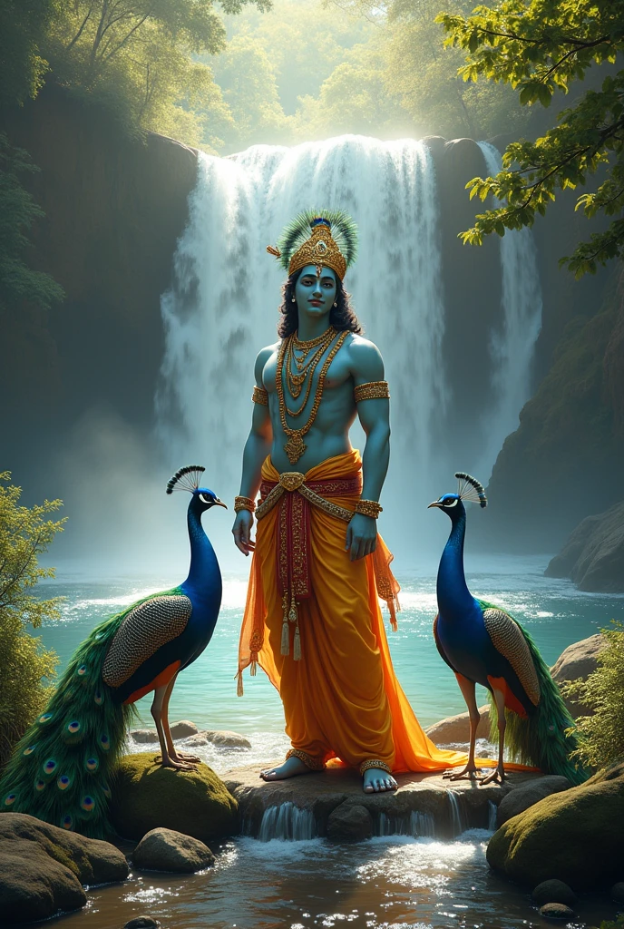 Photo lord krishna with peacocks and water fall