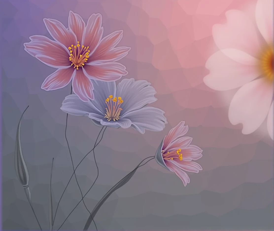 Purple and gray gradient ethereal background，Three flowers with black and purple gradient petals, golden lace petals and golden stamens，A clear flower on top，A clear flower on the right，A larger blurred flower is in the upper right corner