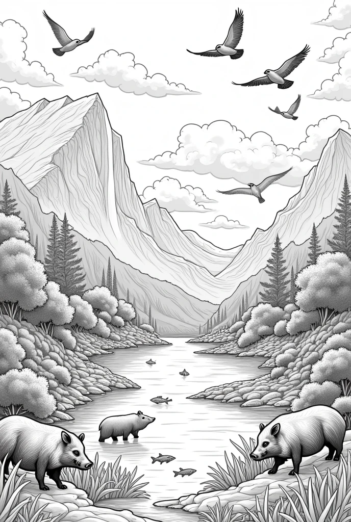 Draw a picture that has the four subsystems of earth. With mountains, water falls,large lake,wild boars, black bears,birds, plants, trees, skies, clouds,fishes. Make it black and white so that it could be easily traced