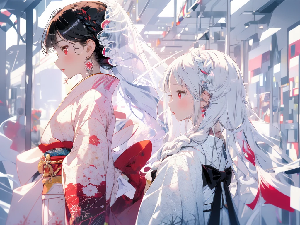 (masterpiece:1.2), best quality,PIXIV,Colorful portraits,
1girl, solo, jewelry, earrings, long hair, White hair, braid, profile, upper body, bangs, red eyes, from side, veil, bow, kimono, long sleeves, japanese clothes, white hair, black background, single braid, blush, see-through