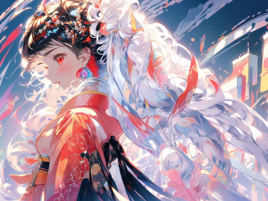 (masterpiece:1.2), best quality,PIXIV,Colorful portraits,
1girl, solo, jewelry, earrings, long hair, White hair, braid, profile, upper body, bangs, red eyes, from side, veil, bow, kimono, long sleeves, japanese clothes, white hair, black background, single braid, blush, see-through