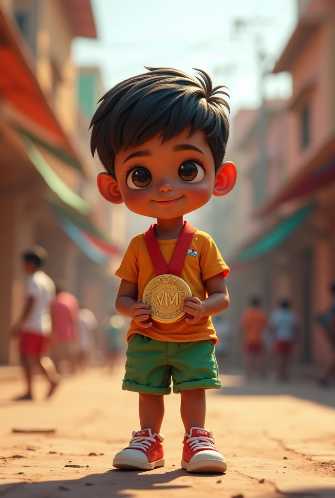 Indian Olympic champion manu with bronze medal in baby version.