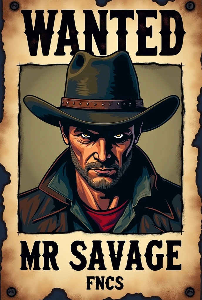 Create a wanted poster style logo but in the center put the name Mr. Savage and below put the initials fncs and image for this sign..?