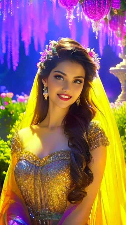 (a beautiful woman in a stunning gown of flowing silk with a radiant smile and captivating eyes),vibrant colors,highres,ultra-detailed,sharp focus,soft lighting,realistic,fantasy-inspired,portraits,subtle color palette,ethereal glow,fairytale,graceful,pastel shades,enchanted garden,lovely flowers,twinkling lights,whimsical ambiance