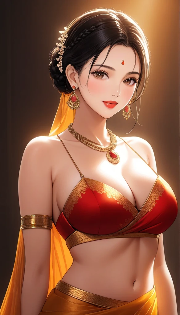 (1woman, mature, single hair braid, transparent saree, big long jhumka earrings, detailed alluring eyes, smooth detailed lips, beautiful face, smiling, red lipstick, navel, bangles, saggy breasts, photorealistic, 8k, hyperdetailed, vibrant colors, studio lighting, masterpiece, cinematic composition, dramatic lighting, intricate details, highly realistic skin textures, volumetric lighting, beautiful intricate jewelry, warm color palette, natural lighting, elegant pose, beautiful detailed expression, hyper realistic rendering, seamless blending, flawless skin, glowing skin, delicate features, breathtaking realism, striking composition),tall , necklace, bangles ,navel,full body view