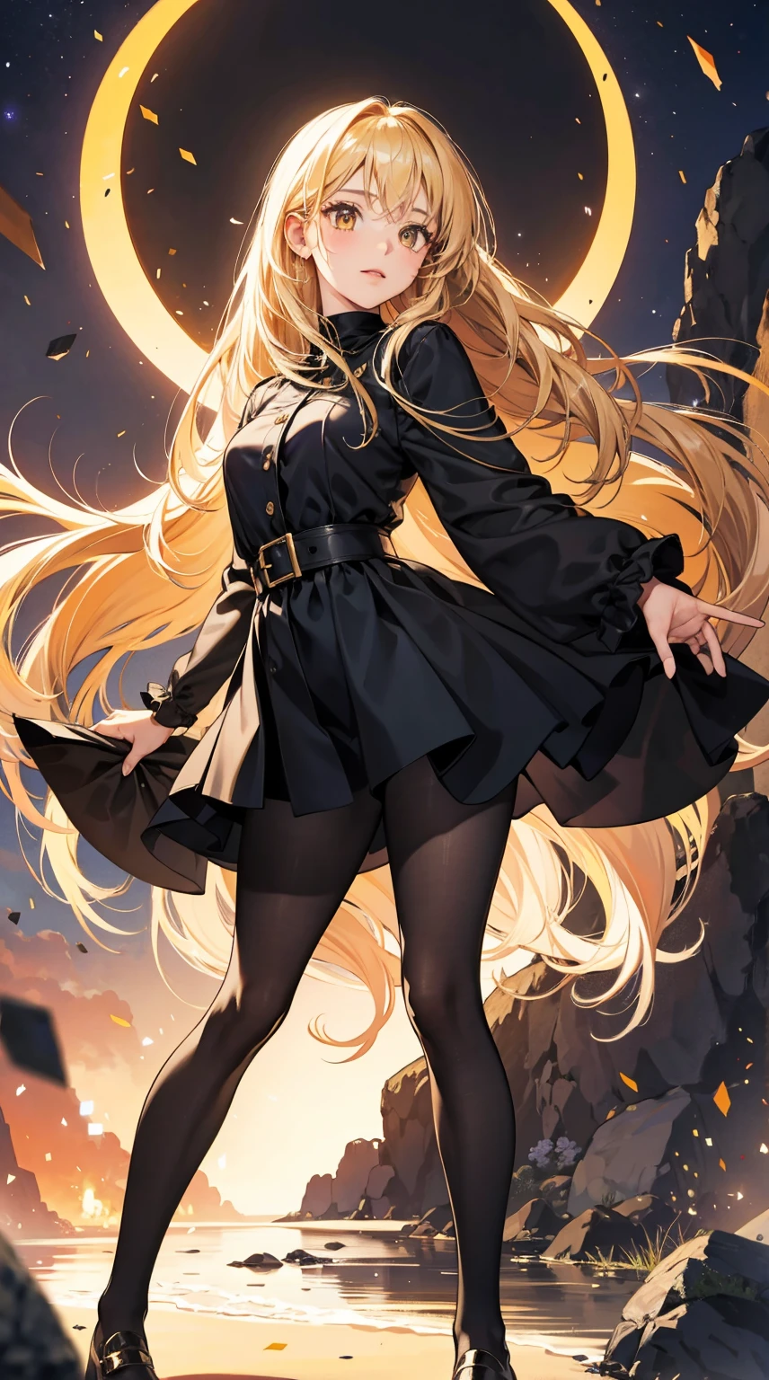 1girl, 30 years old, student, black dress, blonde hair, long hair, blonde, yellow eyes, black pantyhose, 