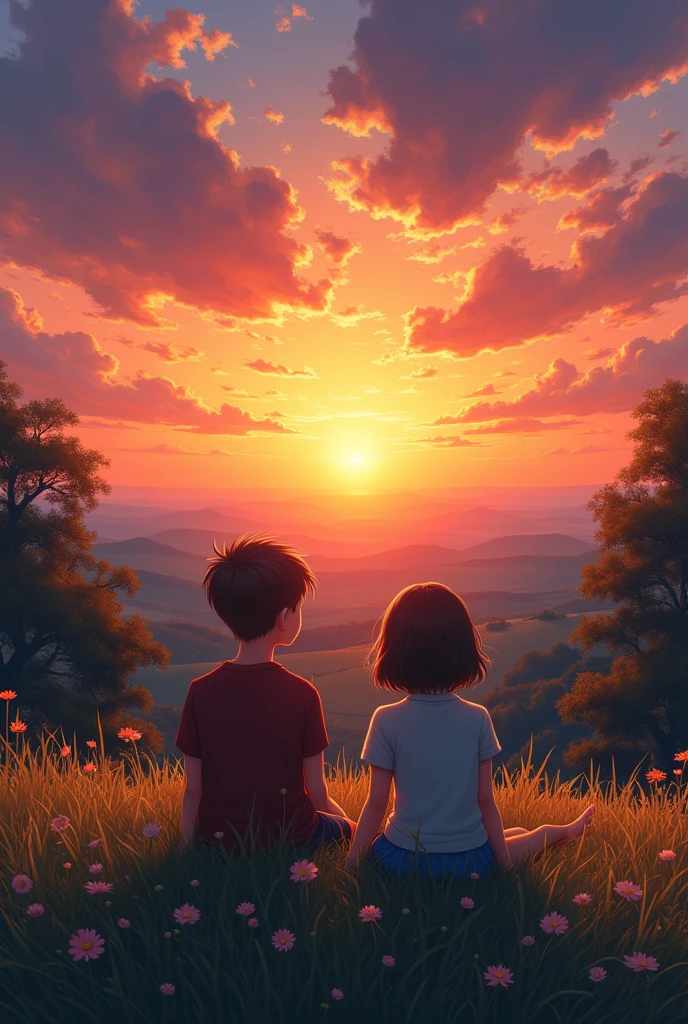 Create an image of two teenagers watching a sunset from behind 