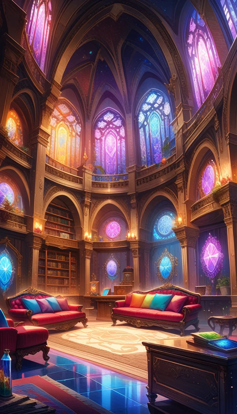 A vibrant, detailed digital painting of an enchanted room filled with magical blue and purple crystal objects, tarot cards, amulets, runes on the walls, shelves, tables, couches, windows, magical artifacts like glowing crystals, ornate wooden furniture. The color scheme is vivid and striking, creating a dreamy atmosphere. colorful illustrations, highly detailed, high resolution, natural lighting, sharp focus, highly detailed illustration, high definition, in the style of octane rendering, hyper realistic. --ar 3:4 --niji 6, 