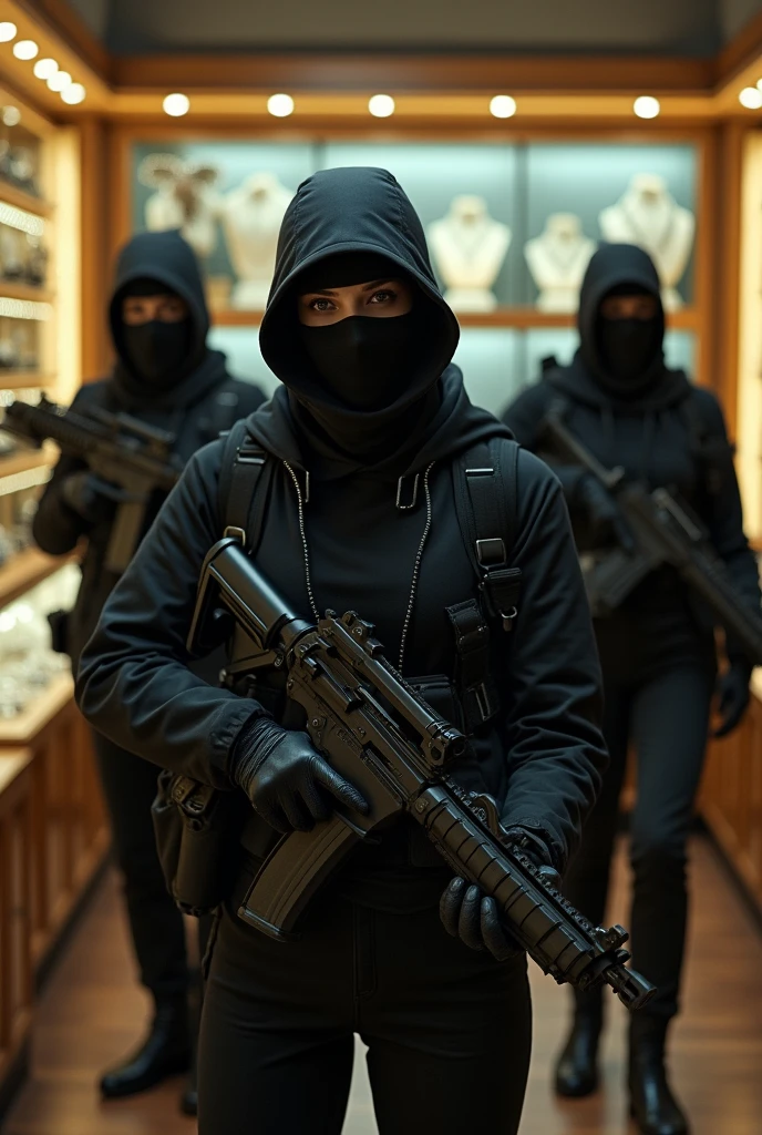 4 women wearing balaclavas and carrying people who are holding up a jewelry store with big boobs