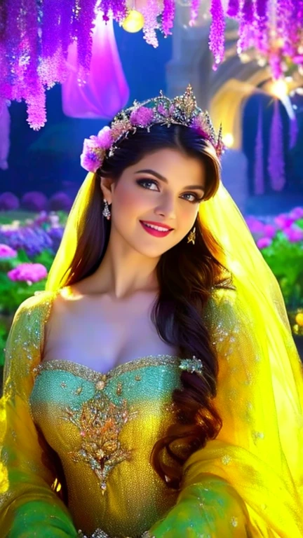 (a beautiful woman in a stunning gown of flowing silk with a radiant smile and captivating eyes),vibrant colors,highres,ultra-detailed,sharp focus,soft lighting,realistic,fantasy-inspired,portraits,subtle color palette,ethereal glow,fairytale,graceful,pastel shades,enchanted garden,lovely flowers,twinkling lights,whimsical ambiance