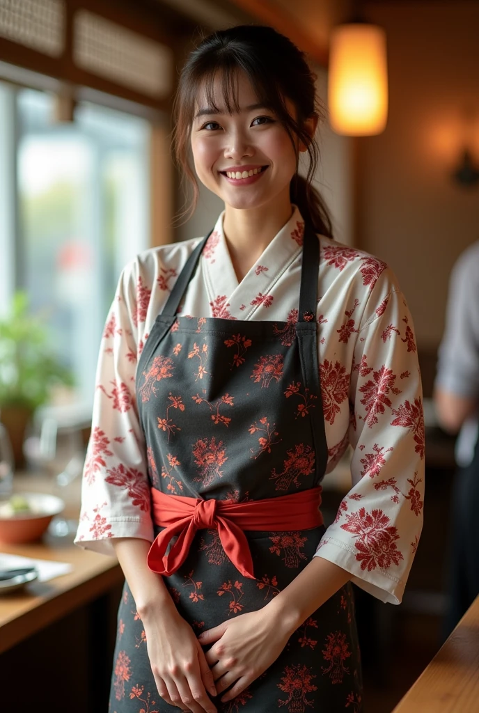 I often work part-time at a Japanese restaurant. 40-year-old woman She looks great in a kimono apron. 160cm slender woman
