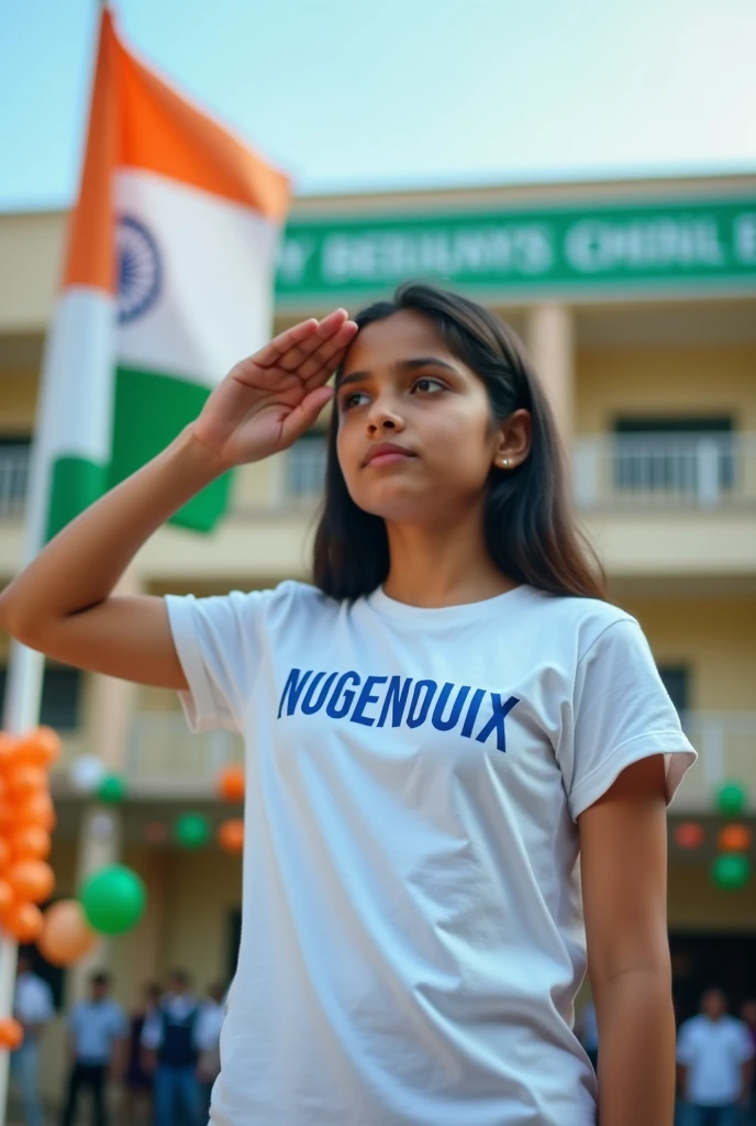 A patriotic 18-year-old girl named vanita stands proudly in front of her school, saluting the Indian tricolor flag. She is wearing a white t-shirt with "VANITA" printed on the back in bold blue letters. The school building is decorated with orange, white, and green balloons. A large banner reads "HAPPY INDEPENDENCE DAY" in the background. 4K image.