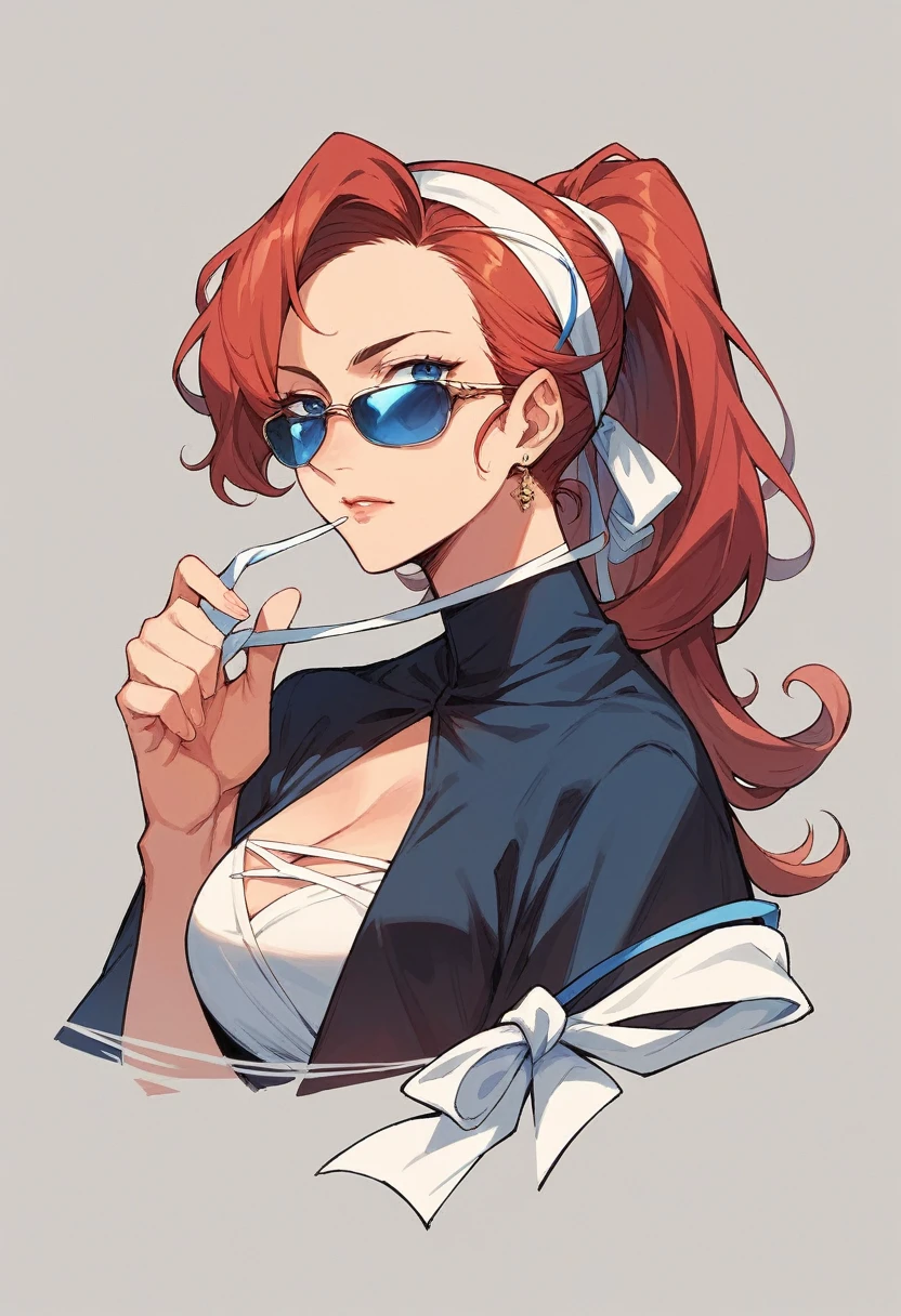 mature Woman,, blue eyes, Red Ponytail, short Black dress(Details with red, blue and white thread) ,sunglasses,,headband blue, 90's anime style