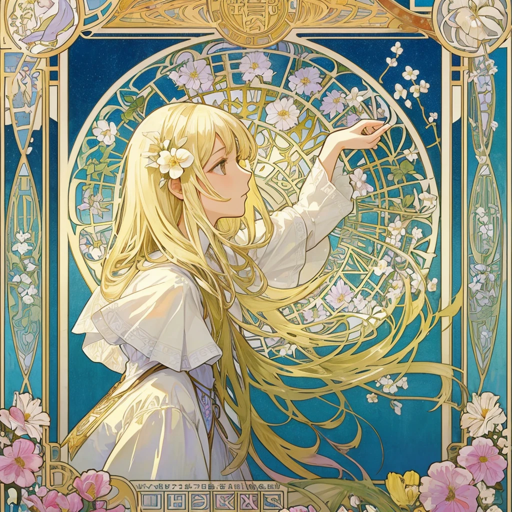 1 girl, (masterpiece, highest quality, highest quality, beautiful and aesthetic: 1.2), (1 girl: 1.3), flower, delicate clothing, square picture frame, ((face)), cool face, beautiful white flower flowing background,(Alphonse Mucha's),Gradient color hairstyle, Ultra-detailed, Soft Light, Gentle colors, 独奏, white long hair, Dutch Angle, frame, profile, short neck,Crown, Church Clothes