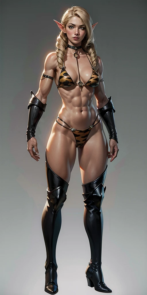 1girl, animal print, arms at sides, ass visible through thighs, bare arms, bare legs, bare shoulders, barefoot, bikini, blonde hair, braid, breasts, closed mouth, collarbone, elf, full body, green eyes, grey background, halterneck, lips, long hair, looking at viewer, multicolored hair, navel, parted bangs, pointy ears, princess zelda, print bikini, side-tie bikini bottom, simple background, small breasts, solo, standing, stomach, swimsuit, tiger print1girl, abs, armpits, bangs, bare shoulders, bell, bikini, black bikini, black choker, black footwear, blue eyes, boots, breasts, choker, cleavage, collarbone, full body, grin, hands on hips, jewelry, knee boots, large breasts, looking at viewer, muscular, muscular female, navel