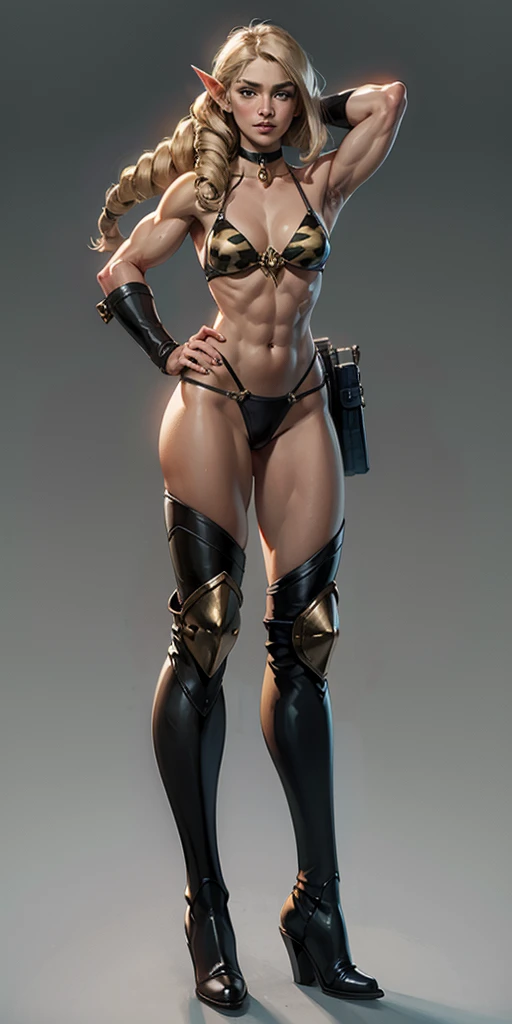 1girl, animal print, arms at sides, ass visible through thighs, bare arms, bare legs, bare shoulders, barefoot, bikini, blonde hair, braid, breasts, closed mouth, collarbone, elf, full body, green eyes, grey background, halterneck, lips, long hair, looking at viewer, multicolored hair, navel, parted bangs, pointy ears, princess zelda, print bikini, side-tie bikini bottom, simple background, small breasts, solo, standing, stomach, swimsuit, tiger print1girl, abs, armpits, bangs, bare shoulders, bell, bikini, black bikini, black choker, black footwear, blue eyes, boots, breasts, choker, cleavage, collarbone, full body, grin, hands on hips, jewelry, knee boots, large breasts, looking at viewer, muscular, muscular female, navel