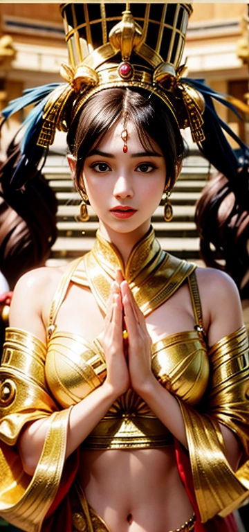 Queen Cleopatra Photos,１People Girl， to be born, Ultra-realistic, Realistic, High resolution (4K/8k), Featured Photo, Realistic portraits, Capturing the charisma of an Egyptian queen.A girl in a gold micro bikini with gold decoration、large drooping，（Huge saggy breasts，Saggy breasts，）（Underbust）（Cleavage exposure、Exposing the upper arm、Navel exposure、Exposed thighs）

Detailed skin: The complex texture of her skin, Reminiscent of ancient Egyptian hieroglyphics, Perfect lighting highlight - soft candlelight blended with the golden glow of the setting sun.

body: Her Hourglass Figure, Egyptian custom costume accents, Show off the perfect curves that have captivated the world for centuries. Detailed embroidery（Garter Stockings）（Small headband）Ancient temples（Girl praying with hands together）