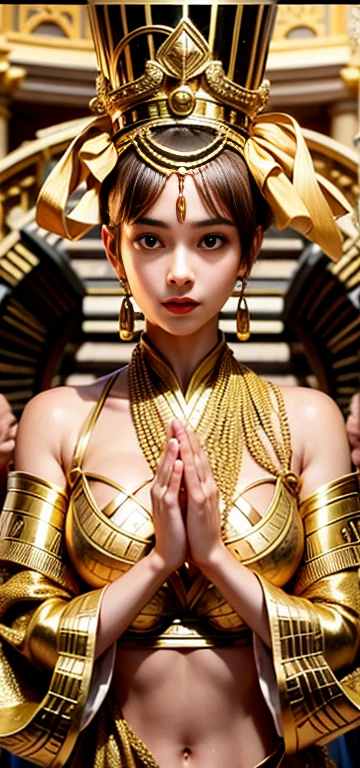 Queen Cleopatra Photos,１People Girl， to be born, Ultra-realistic, Realistic, High resolution (4K/8k), Featured Photo, Realistic portraits, Capturing the charisma of an Egyptian queen.A girl in a gold micro bikini with gold decoration、large drooping，（Huge saggy breasts，Saggy breasts，）（Underbust）（Cleavage exposure、Exposing the upper arm、Navel exposure、Exposed thighs）

Detailed skin: The complex texture of her skin, Reminiscent of ancient Egyptian hieroglyphics, Perfect lighting highlight - soft candlelight blended with the golden glow of the setting sun.

body: Her Hourglass Figure, Egyptian custom costume accents, Show off the perfect curves that have captivated the world for centuries. Detailed embroidery（Garter Stockings）（Small headband）Ancient temples（Girl praying with hands together）