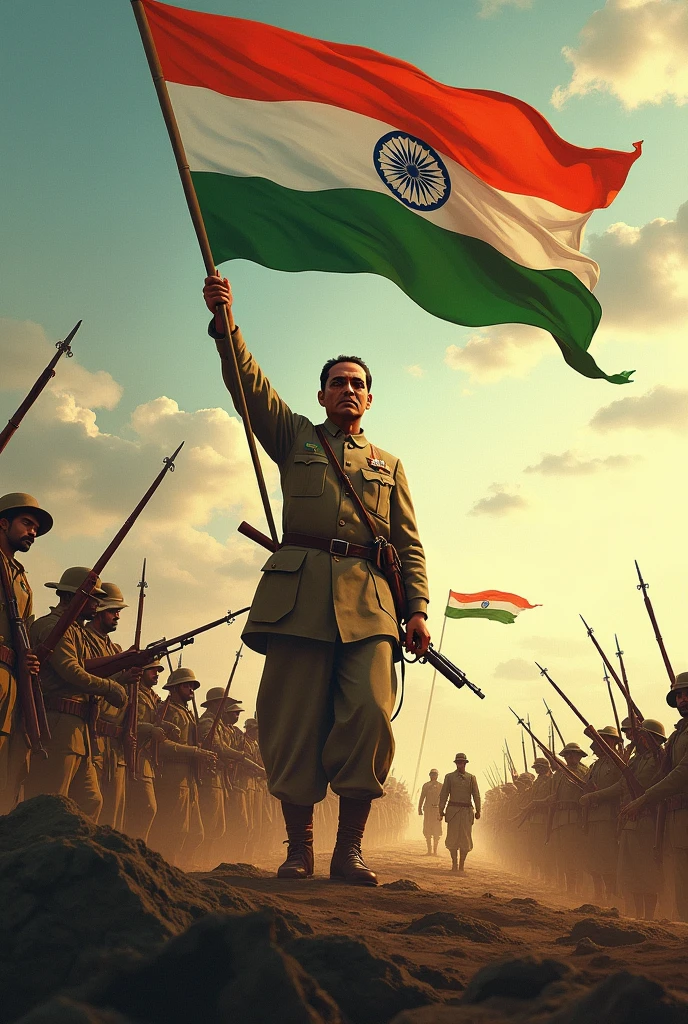 Generate a deep philosophical poster for India on its independence day theme showing nationalism, soldier's strength and more, Subhash Chandra Bose waving the Indian flag. With background depicting a war scene in India against the colonial great Britain.