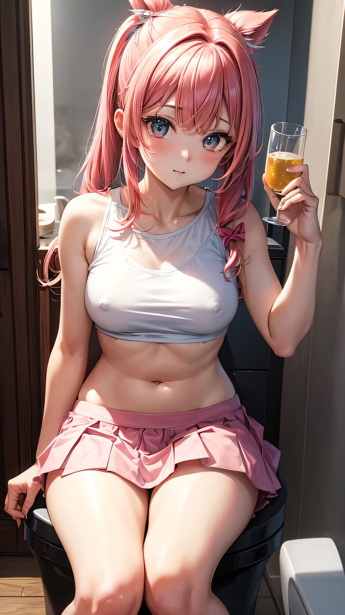 (masterpiece, highest quality, ultra high res, ultra detailed:1.3), 1 cute girl, pink medium hair, half twin-tail, red tank top, clothes covered nipples, bare stomach, black pleated mini skirt, (sitting on toilet seat, holding yellow water in a glass:1,4), opened toilet lid, downed toilet seat, looking at viewer, holding out the glass in her hand to the viewer, white panties around one leg,