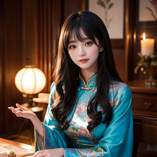 best quality, Delicate face,beautiful visual work, lifelike, eternity, black hair, Long curly hair, blunt bangs, Smile, Detailed Background, Delicate face,pink blush,cold,((masterpiece))、(top quality)、8k、high detail、Super detailed,21 years old female,Wearing Chinese cheongsam、Seductive and whimsical style、masterpiece、born、Scenes resembling fairy tale illustrations、Intricate details and complex designs、Beautifully、magic、capricious、 Beautifully、Dream aesthetics、「𝓡𝓸𝓶𝓪𝓷𝓽𝓲𝓬、ethereal、charming、fickle、magic」、Realism、Visual effects、FXAA、SSAO、Shaders、voiceless、ambient lighting、Tone mapping、High resolution、Ultra high quality、Million pixels、(8K resolution:1.10)、8k、Below 8K、8K resolution、high detail、intricate details, (high quality:1.2、masterpiece:1.2、:1.21)、(21 years old female:1.21)、(Smile excitedly)、(Surrounded by the dreamy atmosphere、Model diagram,full-body shot,Normal 2 feet,Don't show your fingers