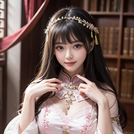best quality, Delicate face,beautiful visual work, lifelike, eternity, black hair, Long curly hair, blunt bangs, Smile, Detailed Background, Delicate face,pink blush,cold,((masterpiece))、(top quality)、8k、high detail、Super detailed,21 years old female,Wearing Chinese cheongsam、Seductive and whimsical style、masterpiece、born、Scenes resembling fairy tale illustrations、Intricate details and complex designs、Beautifully、magic、capricious、 Beautifully、Dream aesthetics、「𝓡𝓸𝓶𝓪𝓷𝓽𝓲𝓬、ethereal、charming、fickle、magic」、Realism、Visual effects、FXAA、SSAO、Shaders、voiceless、ambient lighting、Tone mapping、High resolution、Ultra high quality、Million pixels、(8K resolution:1.10)、8k、Below 8K、8K resolution、high detail、intricate details, (high quality:1.2、masterpiece:1.2、:1.21)、(21 years old female:1.21)、(Smile excitedly)、(Surrounded by the dreamy atmosphere、Model diagram,full-body shot,Normal 2 feet,Don't show your fingers