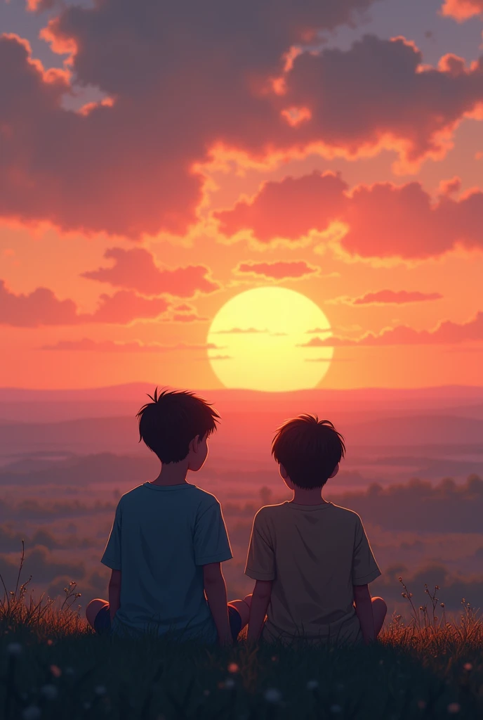 Create an image of two teenage boys watching a sunset from behind
