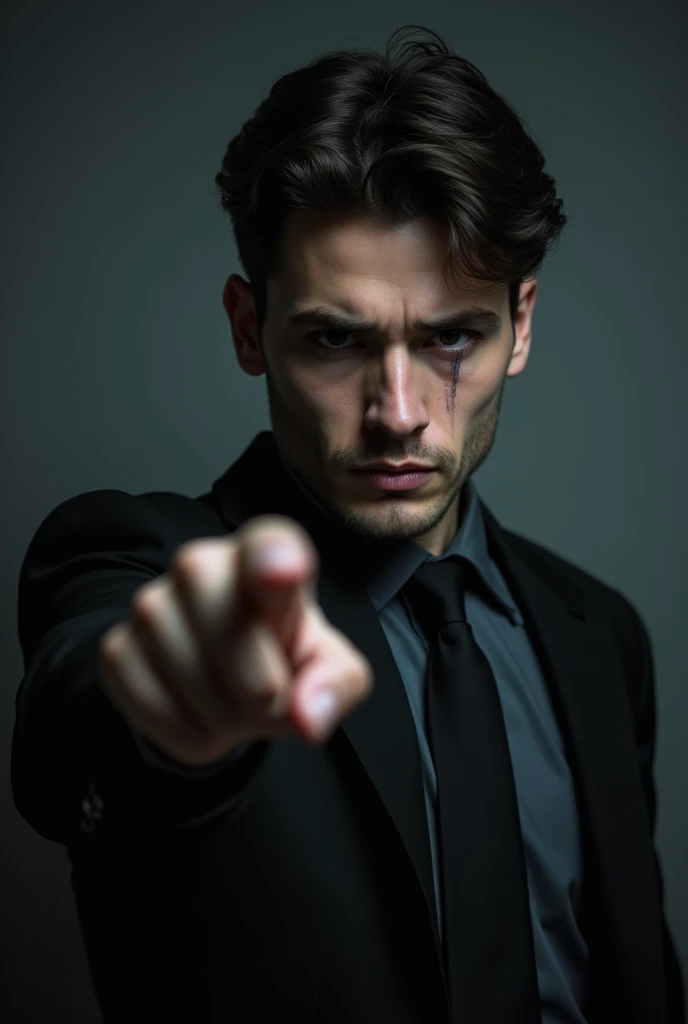 A guy in black and gray formal clothes. He is looking at the screen and pointing, has an emotionless expression, deep dark circles, a serious look and tears run down his face (puts a feeling of emptiness into the image)
