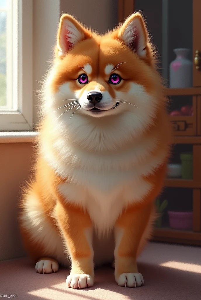 Detailed texture of fluffy fur, impressionistic mix, (by Foxovh, Ross Tran, Michael Garmash, pino daeni, Spark - spark), detailed eyes, highly detailed students., single, furry, The second, skye-pp, domestic dog, female, magenta eyes, cream fur, golden brown body, standing body, fully clothed, detailed texture of fluffy fur, curves, wide hips, inner furry ears, head on, standing, hood, apartment interior background, day, 1 girl, big, bare butts full body